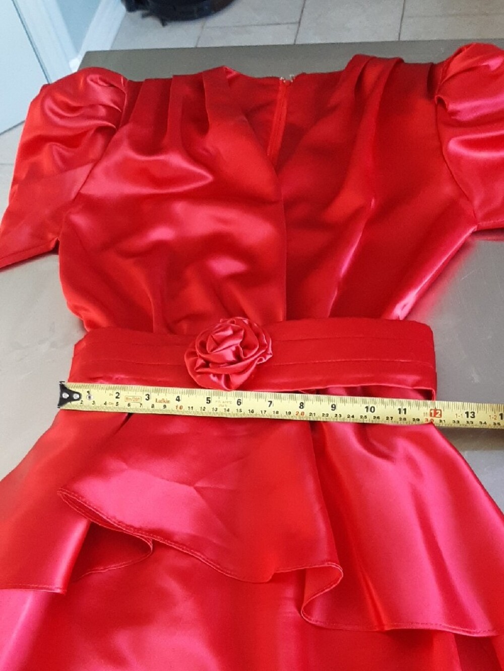70's NU-MODE💋True Deep Red V‑Neck Midi Dress with Rosette Belt Back Zip Sz S - Picture 8 of 10